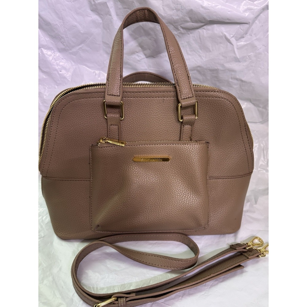 Steve Madden Beige Structured Satchel Handbag With Front Pocket & Gold Hardware